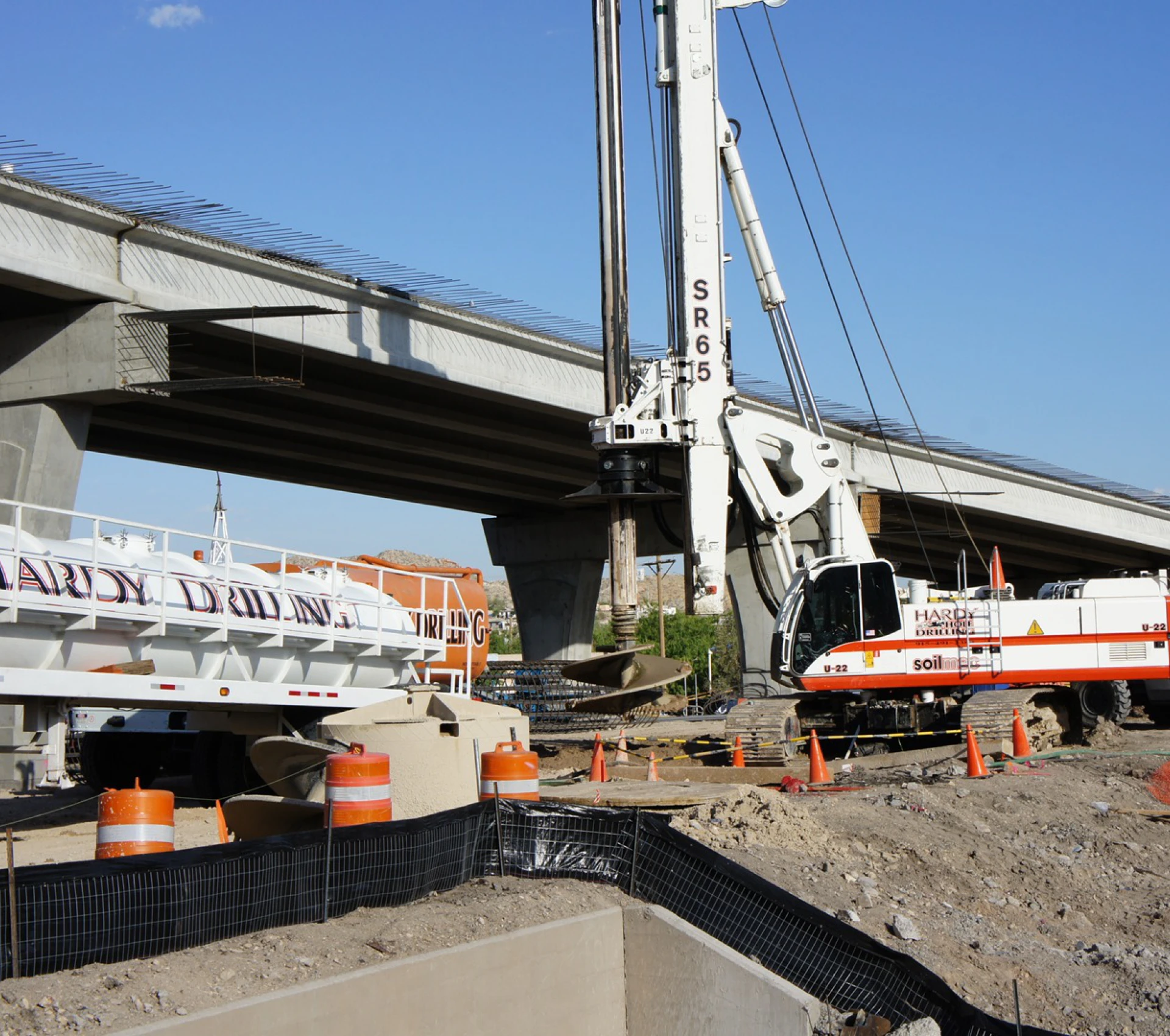 Highway bridge construction with heavy machinery